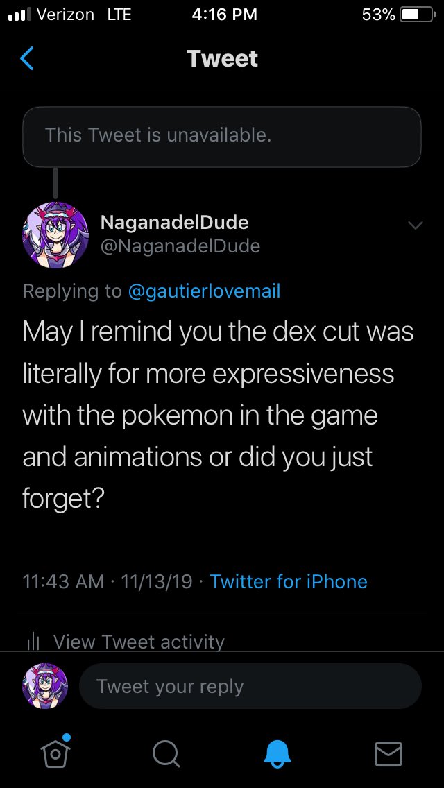 ShadowBlade024's tweet photo. @gautierlovemail Maybe if you didn’t block me like a kid I could explain myself. Also you’re calling me angry about Pokémon when you literally are cursing at me for having an opinion, grow up. Oh yeah, nice tweetus deletus too. https://t.co/4yRcPQnuTR