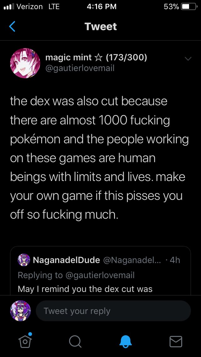 ShadowBlade024's tweet photo. @gautierlovemail Maybe if you didn’t block me like a kid I could explain myself. Also you’re calling me angry about Pokémon when you literally are cursing at me for having an opinion, grow up. Oh yeah, nice tweetus deletus too. https://t.co/4yRcPQnuTR