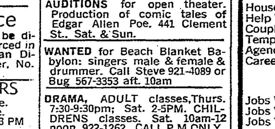 peterhartlaub's tweet photo. Some history here: Working on a @BeachBlanketSF project and found this excellent 1974 @sfchronicle classified ad.

#CallSteve

cc: @LilyJaniak @charleszukow https://t.co/1k62oPKslK