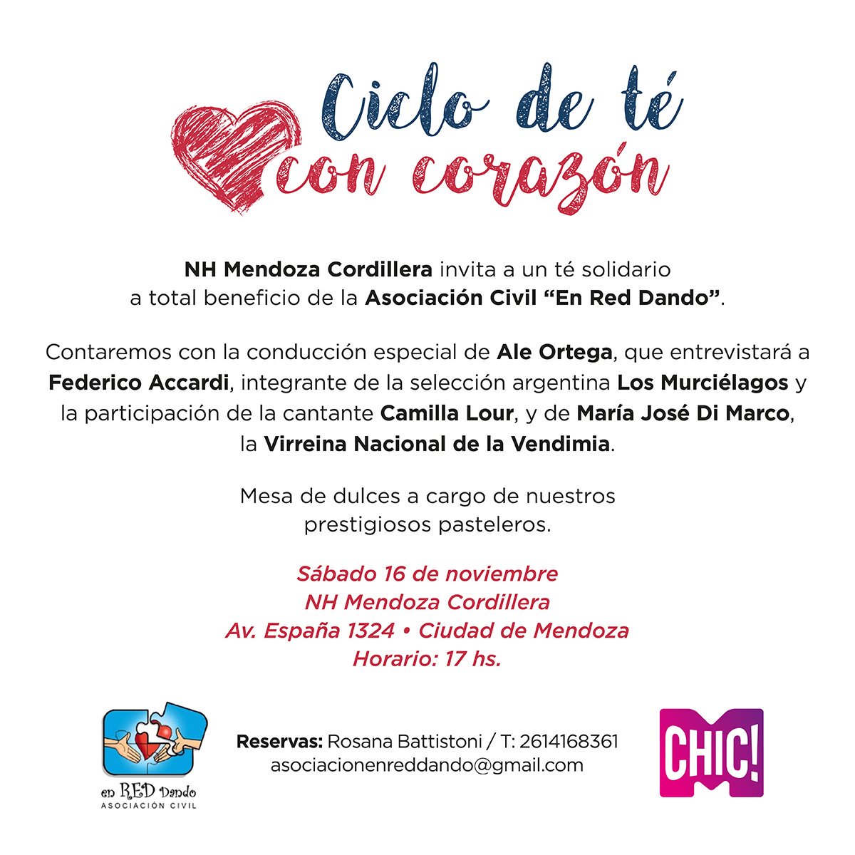NH Hotel Group invita a la primera edición del ciclo ‘Té con corazón’ en NH Mendoza Cordillera, el 16 de noviembre a las 17 hs. 

El evento es a total beneficio de la Asociación Civil “En Red Dando”, que ayuda a niños, niñas y adolescentes con derechos vulnerados.

#NHSolidario