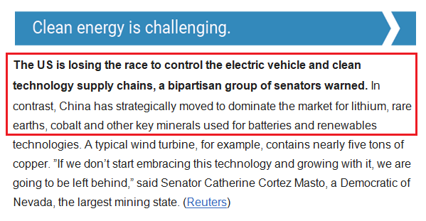 elleprovocateur's tweet photo. Sept 17 2019:
"U.S. 'falling behind' in global race to develop electric vehicle supply chain"
"'China is consolidating control of the entire supply chain for clean technologies,' Senator Lisa Murkowski, the Alaskan Republican..."
#ABCLithium #Bolivia
https://t.co/LqgqtmGMbv https://t.co/nP7PPKSy7Y