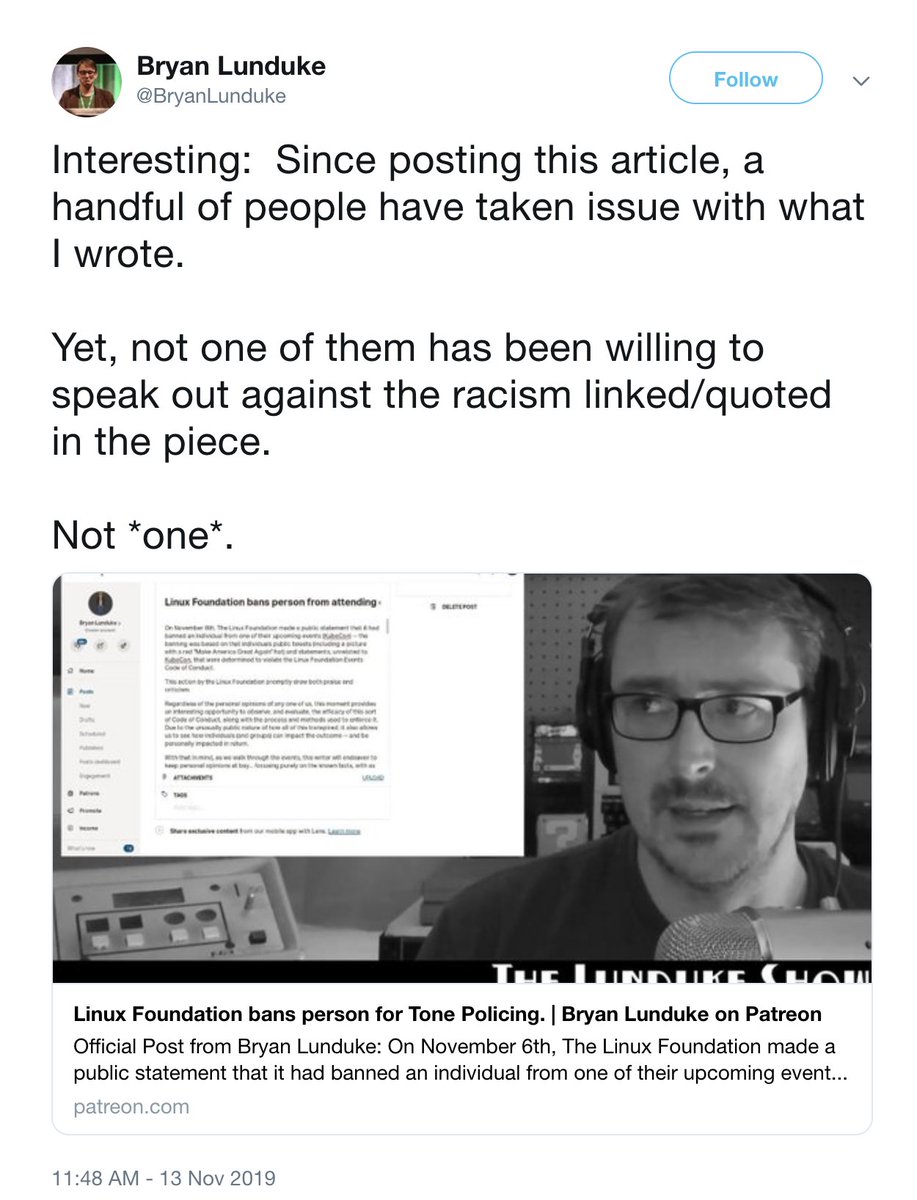 Wow.  @BryanLunduke is now taking out of context quotes without linking to the source and crafting a fear-mongering narrative that white men are experiencing racism and sexism. No one has spoken up about racism and sexism against white men because that *does not exist*.