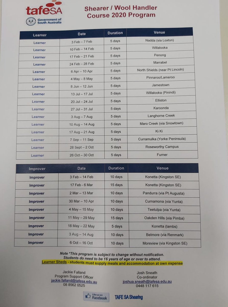 AWIExtensionSA's tweet photo. Tafesa have announced the 2020 shearing and wool handling schools. For further info contact Josh Sneath 0448 117 615 or Jackie Falland 08 8562 0525.
@woolinnovation @Livestock_SA @MerinoInsight https://t.co/qZMDSVN6Xm
