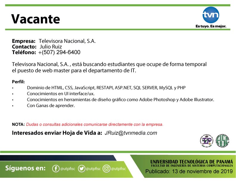 utpfisc's tweet photo. #VACANTE La empresa Televisora Nacional, S.A., está buscando estudiantes que ocupe de forma temporal el puesto de Web Master para el departamento de IT.
@utppanama @tvnpanama

#vacantesFISC #FISC #UTP #SoyFISC #Sistemas https://t.co/l0VgVFr0DW