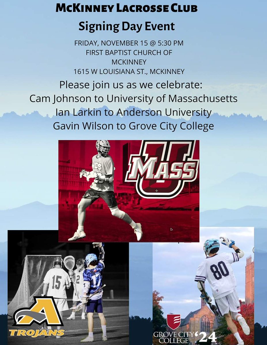 mckinney_lax's tweet photo. We couldn’t be prouder of these three seniors.  Please join us this Friday to celebrate their achievements. #SigningDay2019 @cmeronjohnson @ianlarkin17 @gavinwilson_lax https://t.co/nsyz6WvJid
