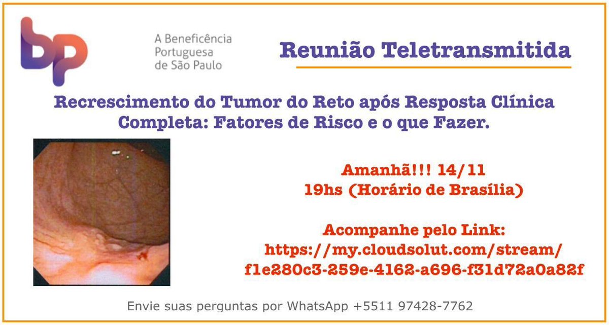 Amanhã (14/11)! 19hs (horário de Brasília) Reunião Teletransmitida da cirurgia oncológica colorretal da BP! Não perca! my.cloudsolut.com/stream/f1e280c…