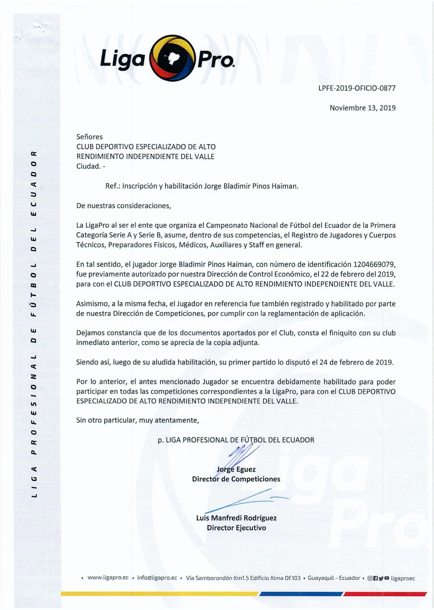 Independiente del Valle on X: ATENCIÓN: Comunicado Oficial sobre tema  jugador Jorge Pinos  / X
