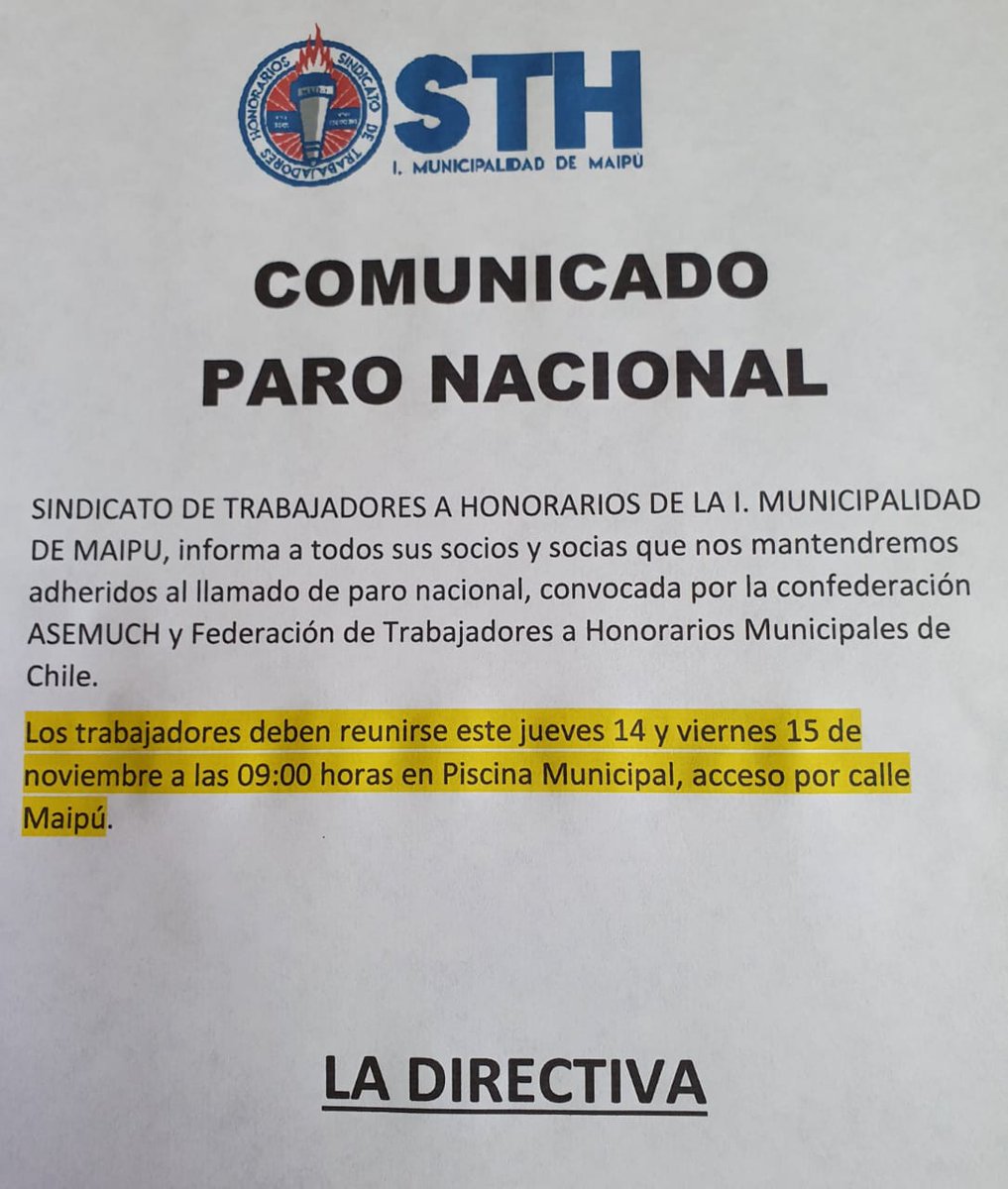 MaipuSth's tweet photo. Se mantiene el paro nacional por los honorarios municipales de Maipú. Reunirse en la Piscina, entrando por calle Maipú https://t.co/ErFJsPdTTY