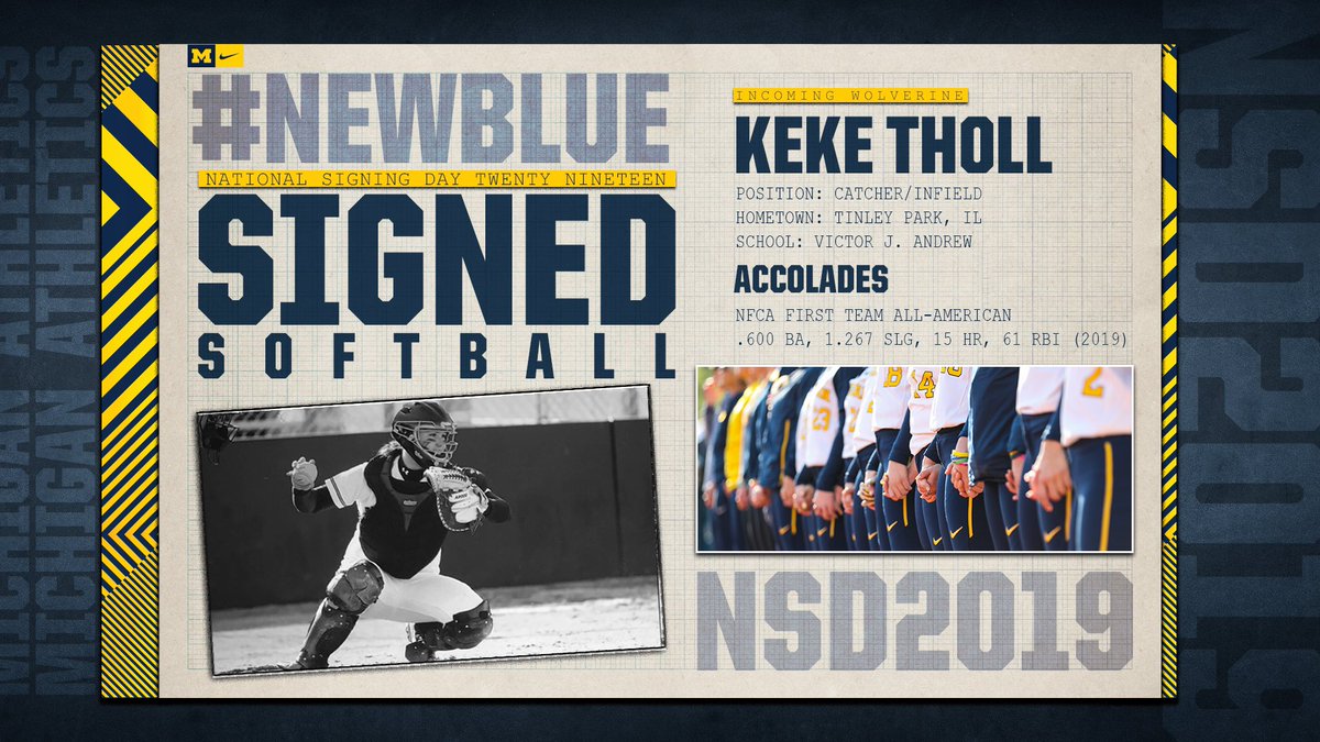 umichsoftball's tweet photo. SIGNED | Welcome to the family, @keke_tholl!

#NSD19 | #NewBlue https://t.co/t65zjgWxu7