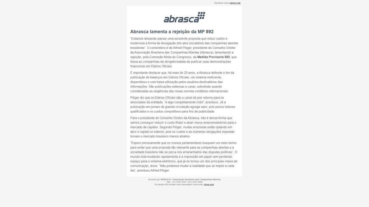 mp_892's tweet photo. “Estamos deixando passar uma excelente proposta que reduz custos e moderniza a divulgação dos atos societários das companhias abertas brasileiras”. Alfried Plöger, presidente do Conselho Diretor da Abrasca lamenta a rejeição da #MPV892_2019 na Comissão Mista do Congresso. https://t.co/ZH5LfEoy6g