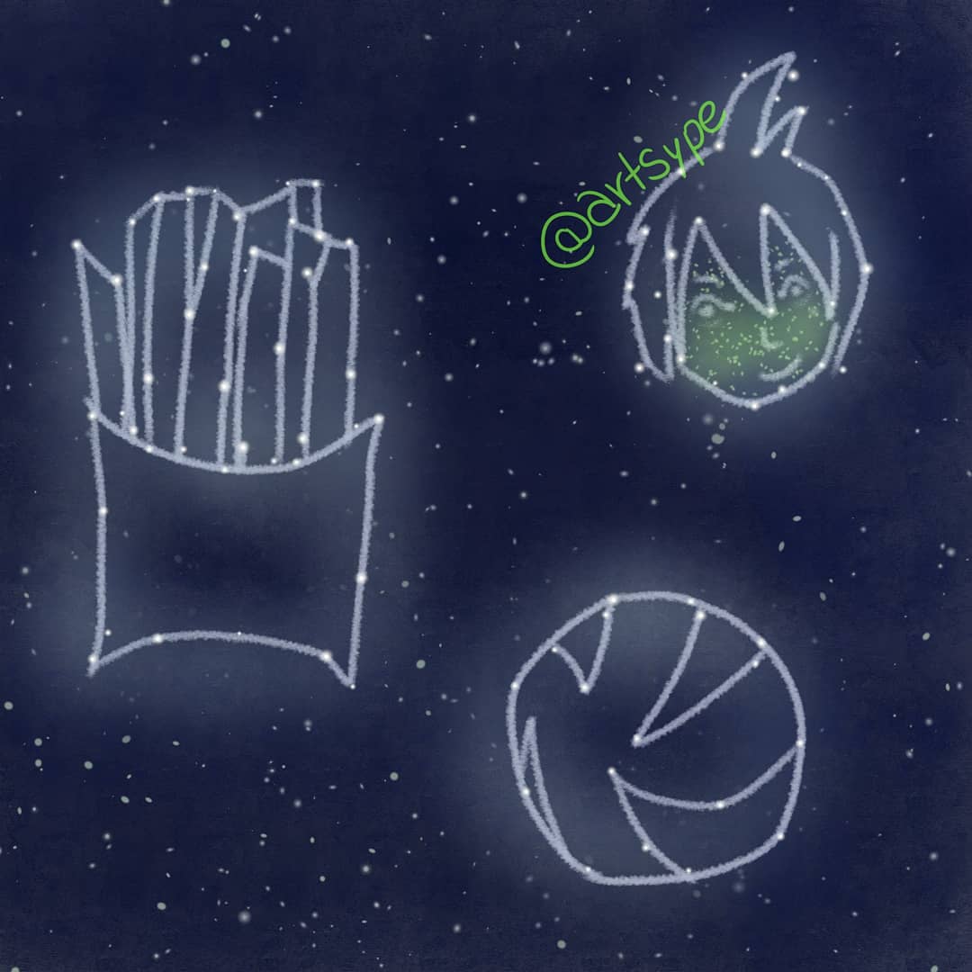 artsype's tweet photo. #yamweek2019 day 5: Stars | Fries. What things remind you of Yams?

Clearly stars and fries, but also volleyball. So I did those thing as constellations. I drew a little glowing Yams because I love him https://t.co/cYCeqIPZqu