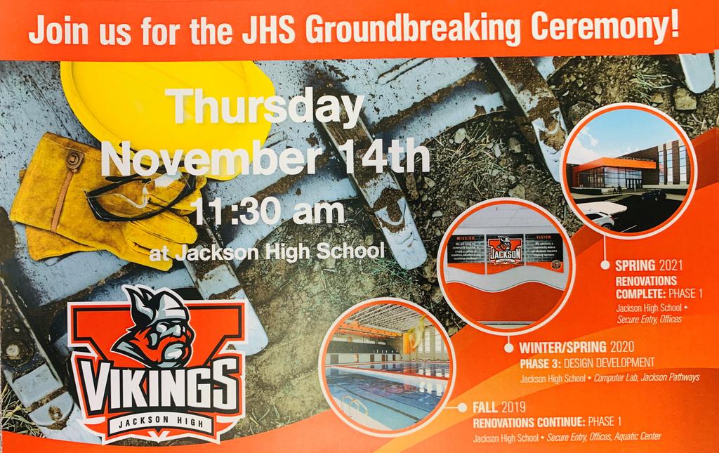 JHS Aquatic Center Groundbreaking tomorrow at 11:30am!
Note this is an outside event that will be held in any type of weather. Park on the east side of the school.  Half-day for students.  Dismissal is at 10:45 am -arrive after 11 am.
#believethehype