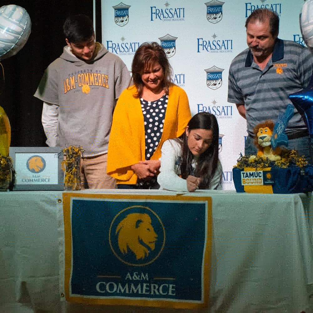 So proud of Aislynn Shore '20 who just signed her letter of intent to play volleyball at Texas A&amp;M University-Commerce. Her family, fellow Frassati Catholic teammates, and coaches were on hand for the ceremony. Congratulations, Aislynn! #gofalcons #gotamuclions