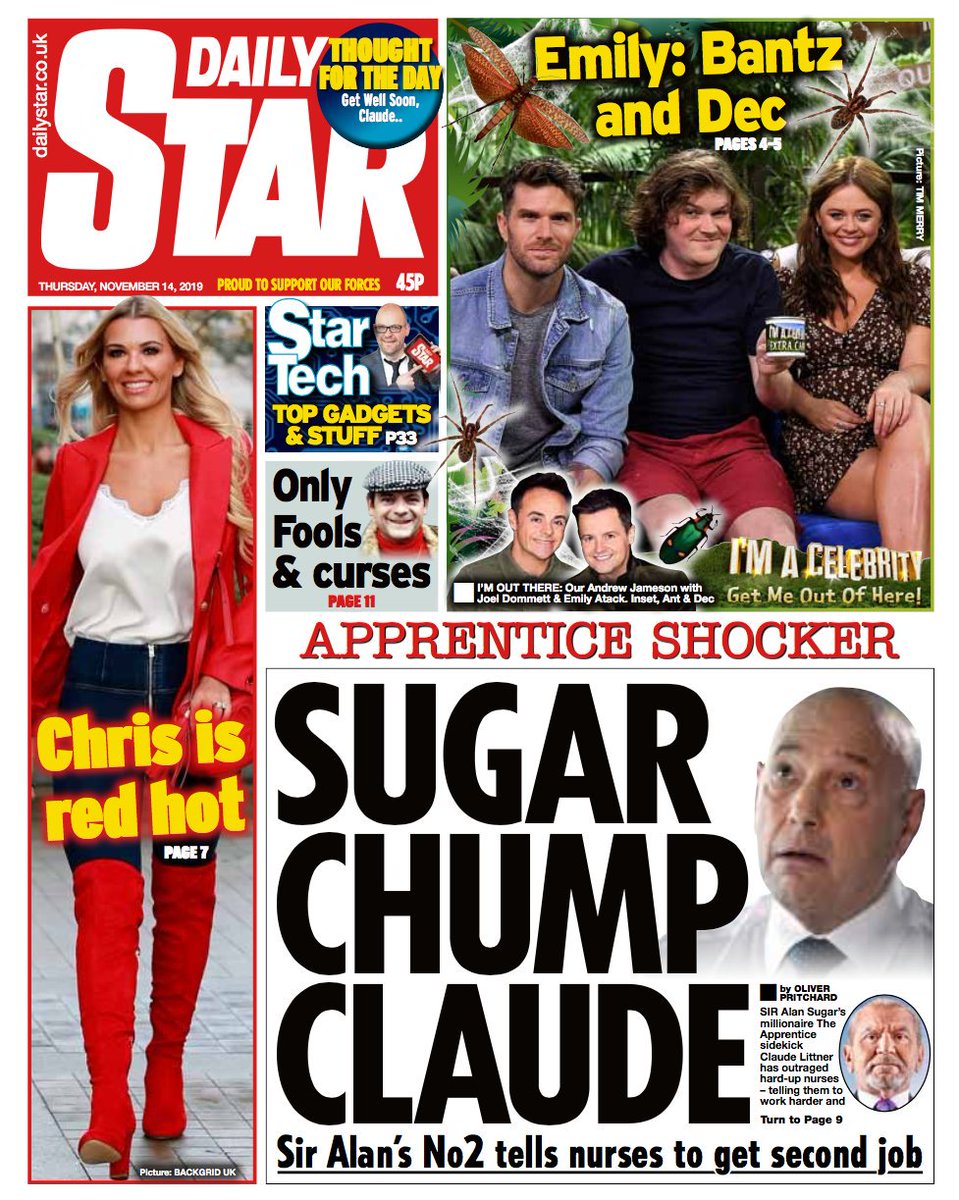 dailystar's tweet image. Here is tomorrow's @Daily_Star
#frontpage: 

- @Lord_Sugar's No.2 #ClaudeLittner tells nurses to get a second job 
- Only Fools &amp;amp; Curses  

#TomorrowsPapersToday