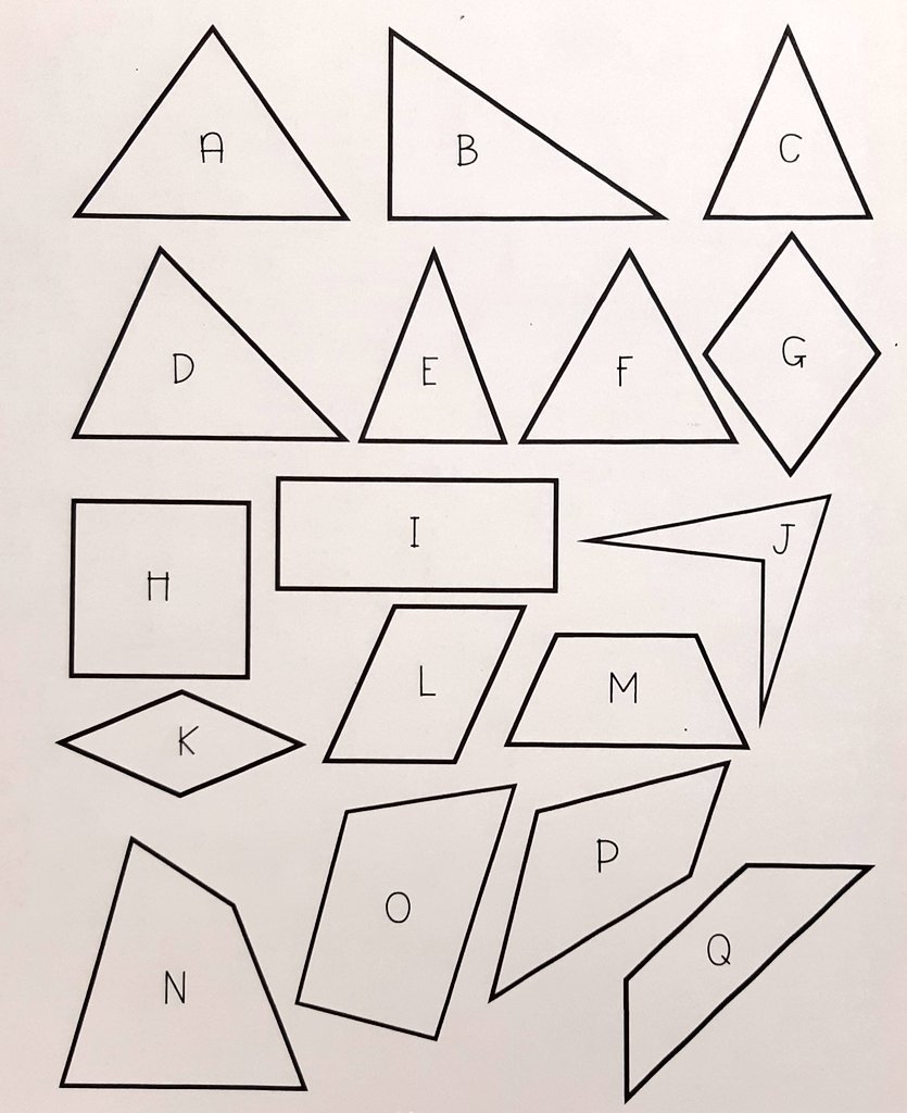 MmeHarrison1's tweet photo. Parents of 7/8H, ask your child if they can name the 7 properties we use to classify triangles and quadrilaterals. Then have them sort these shapes & justify their answers. #2Dgeometry #communicateyourthinking https://t.co/ezGJrrCxhU