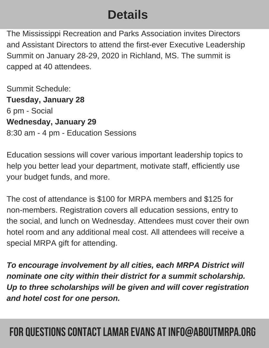 GL_parksguy's tweet photo. Excited that the @MSRECPARK Board has worked hard to create this new program. Scholarships are available, as are sponsorship opportunities. For the printable application, or to register and pay online go here - https://t.co/25NGBKoRVb. https://t.co/Mc4yDHQTgv