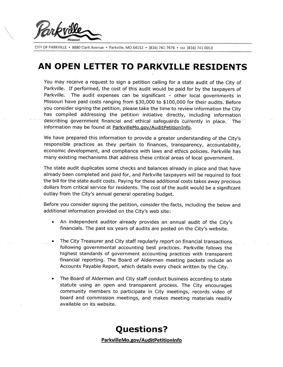 ivanfoley's tweet photo. The City of @parkvillemo has used taxpayer funds and resources to distribute a letter intended to discourage citizens from signing a petition that would bring a state audit. @AuditorGalloway @nicolergalloway https://t.co/tHDXn7ZKE7