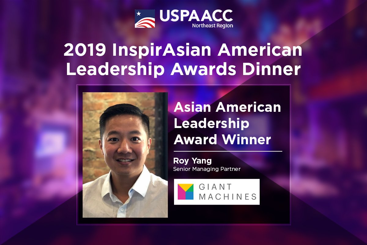 USPAACC_NE's tweet photo. Congratulations to Roy Yang, Senior Managing Partner of 
Giant Machines as one of the recipients of the 2019 InspirAsian American Leadership Awards. RSVP https://t.co/MFGwTilmOv

#uspaaccne #uspaacc #supplierdiversity #inspirasianamerican https://t.co/IdzqKRYKGb