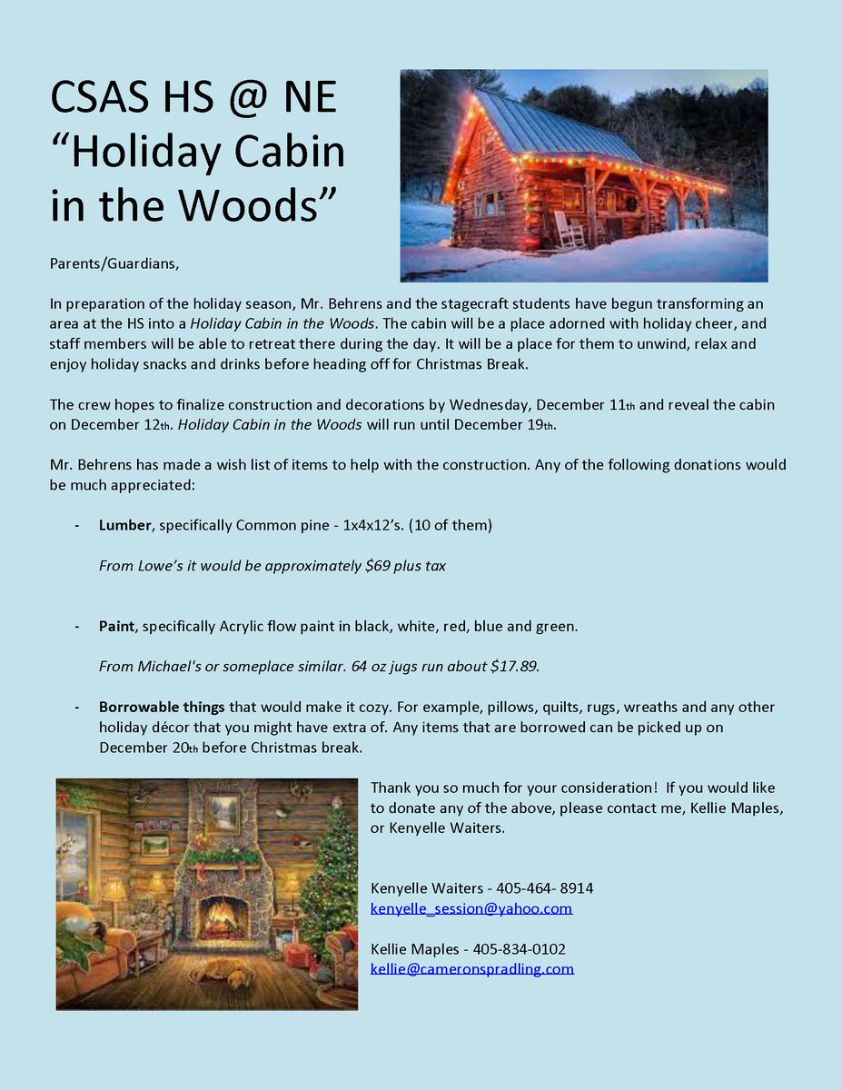 ClassenHSPTSA's tweet photo. The holidays are on us already???? The CSAS HS at NE PTSA needs your help for a holiday project for our teachers! Contact @KenyelleWaiters or Kelli Maples for more info! @edu_sanders70 @shmcadoo @McintoshMitch @csastheatreokc @ClassenHSPTSA #cometcity https://t.co/8XVx9ssI4L