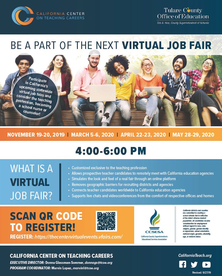 Cal_Center's tweet image. Join us Nov. 19-20 for our next #VirtualJobFair! Connect with recruiters and California #education agencies from the comfort of your home and find the position that is perfect for you. #ExploreTeaching
Learn more at: bit.ly/34OyATy
Virtual Job Fair Flyer
