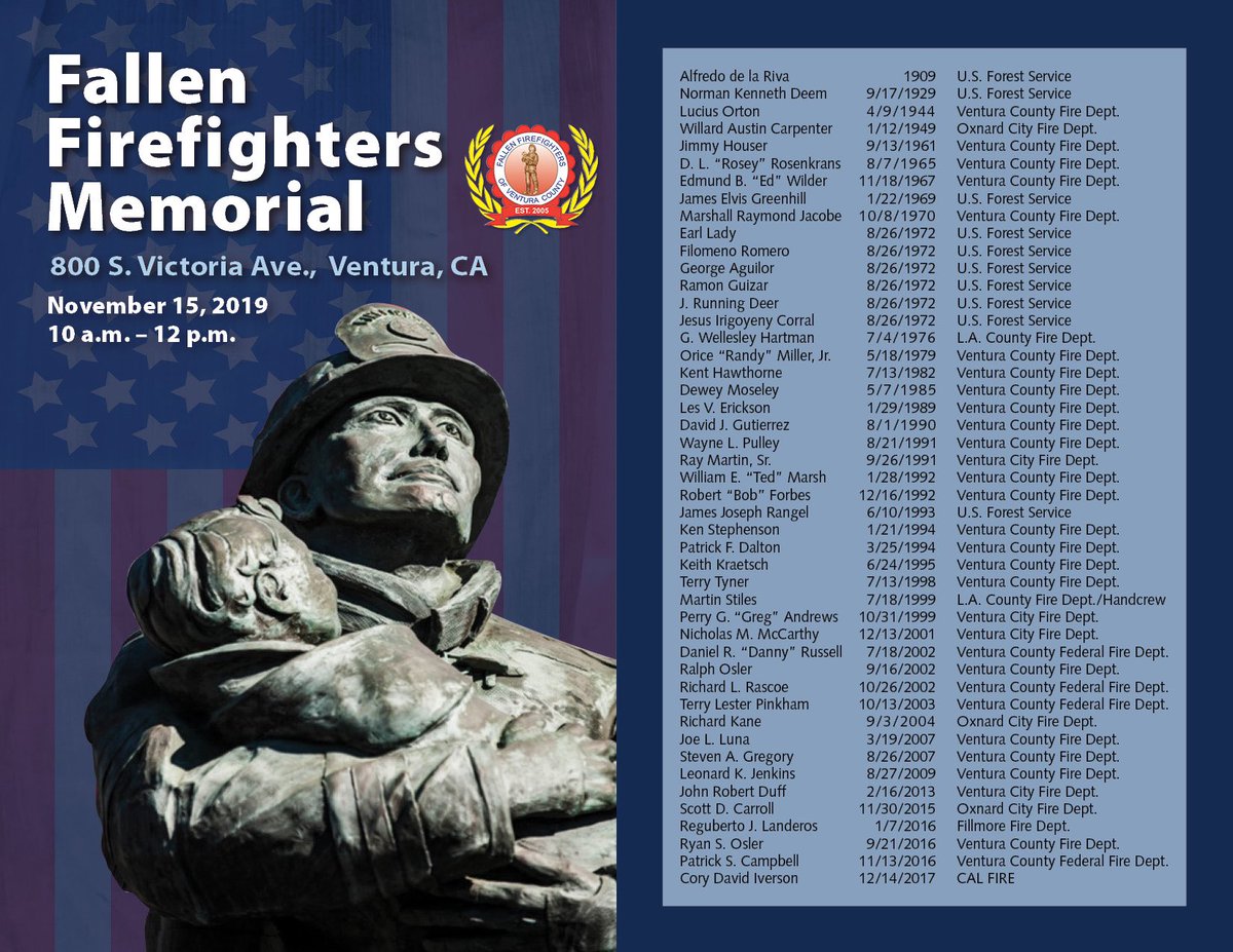 FedfireQ73's tweet photo. All are invited to join in honoring our 47 fallen firefighters including CAL FIRE Fire Engineer Cory David Iverson, who was killed in the line of duty while battling the Thomas Fire. Cory will be honored at this year's ceremony. Friday, November 15, 2019, at 10 a.m. https://t.co/QV6e6m8MxI