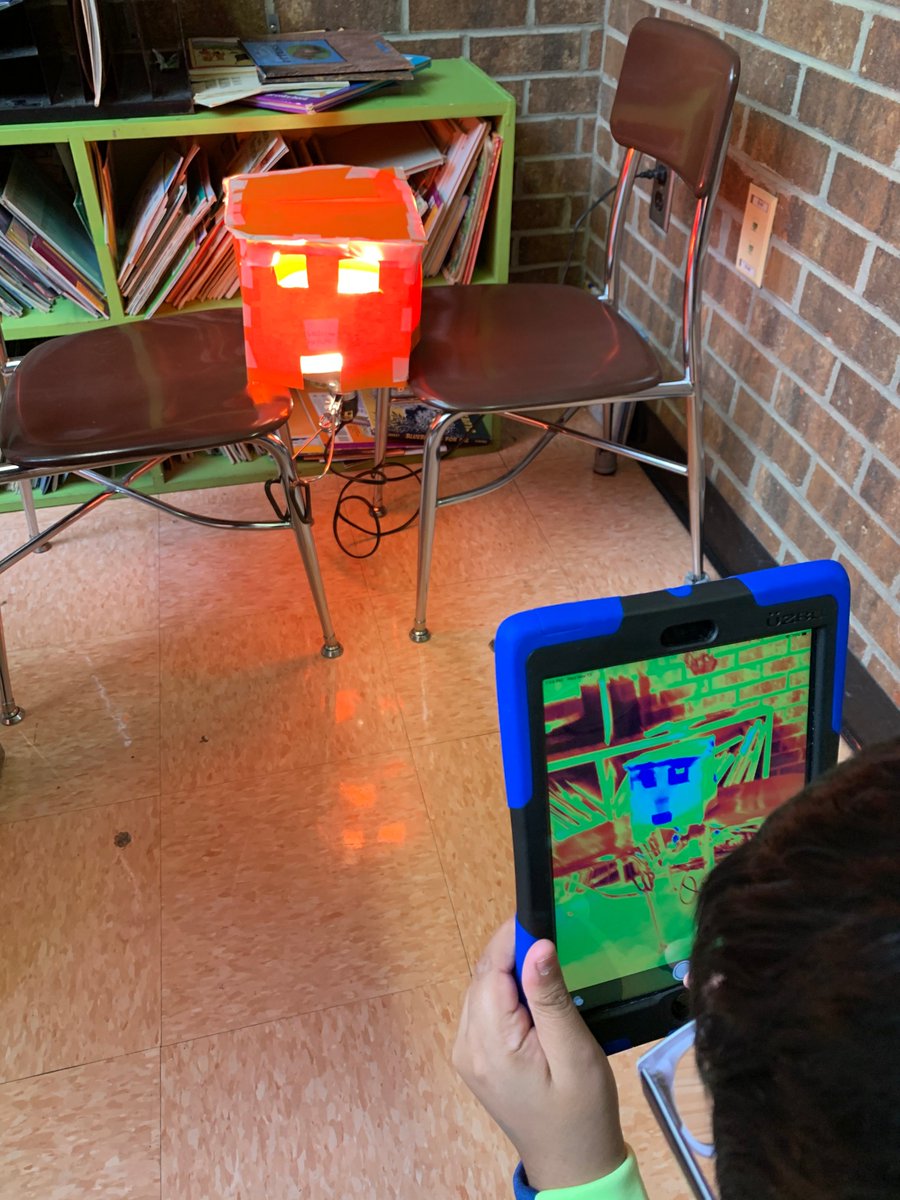 TheSTEMnerdette's tweet photo. Ss @HearneWCS used knowledge from math/science class to design &amp; build a building that retained the most heat. Took our initial temps &amp; thermal imaging. We will patch where heat is escaping using best insulator from their science lab &amp; take 2nd round of temps! #ITFMitchell #PBL https://t.co/011oY33UiA