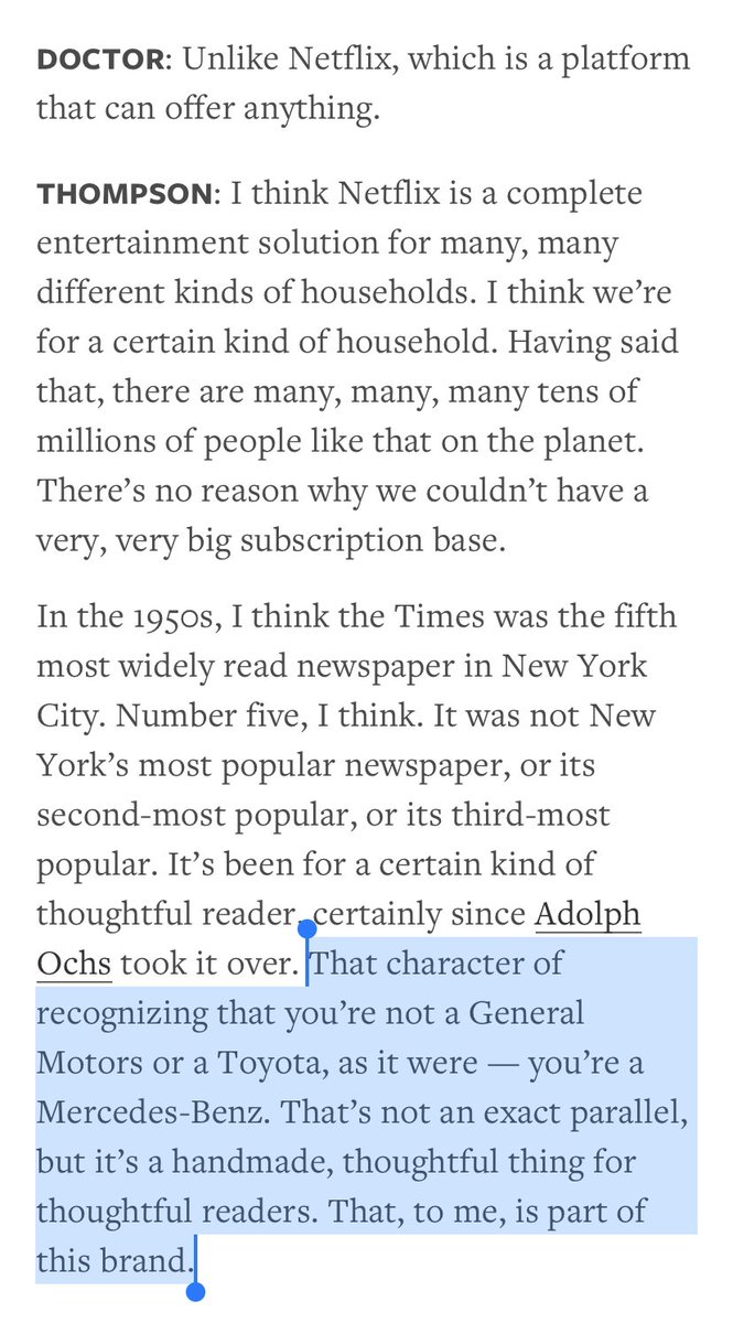 NYT CEO on the NYT “brand”  https://www.niemanlab.org/2019/11/newsonomics-ceo-mark-thompson-on-offering-more-and-more-new-york-times-and-charging-more-for-it/