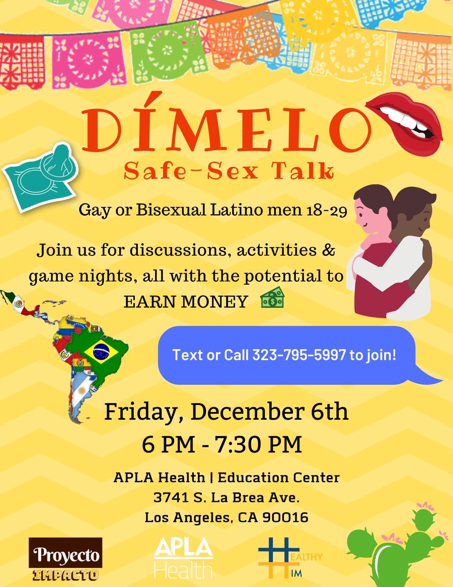 Proyecto Impacto’s Dímelo group returns Friday, December 6th at 6 PM!
For Queer Latino Men 18-29
Registration is required by contacting 323-795-5997
#latino #gaylatino #latinx #queerlatinx #queerlatino #afrolatino #afrolatinx #qpoc #safesex #healthyhim #HIVprevention