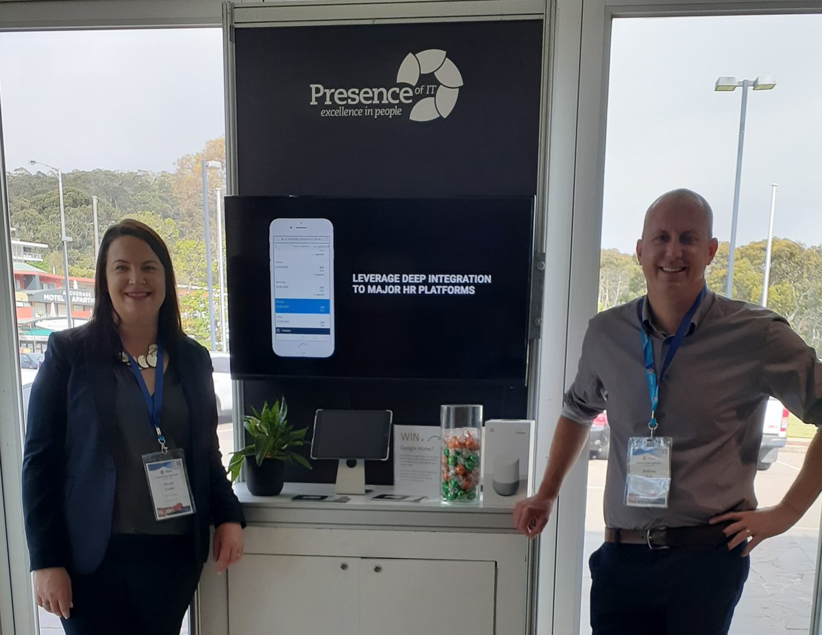 Presenceofit's tweet photo. Nicole Trotter and Matthew Rule are at #HFMAVICCONF2019. This year's theme “The Importance of Self Care for Individuals &amp; Organisations in a Time of Change” is ideal for us to talk about our Healthcare Solution DNA and our joining with @Deloitte in December. https://t.co/2B1ClGRdQX