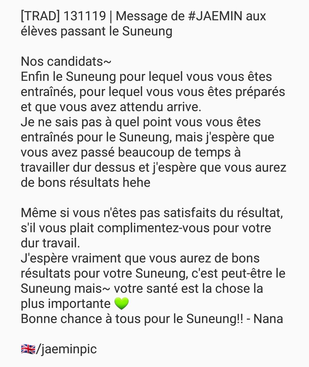 NCTFR's tweet photo. [TRAD] 131119 | Message de #JAELIN aux élèves passant le Suneung

#nctdream @NCTsmtown_DREAM 
🇬🇧/jaeminpic https://t.co/qU0VisWHKg