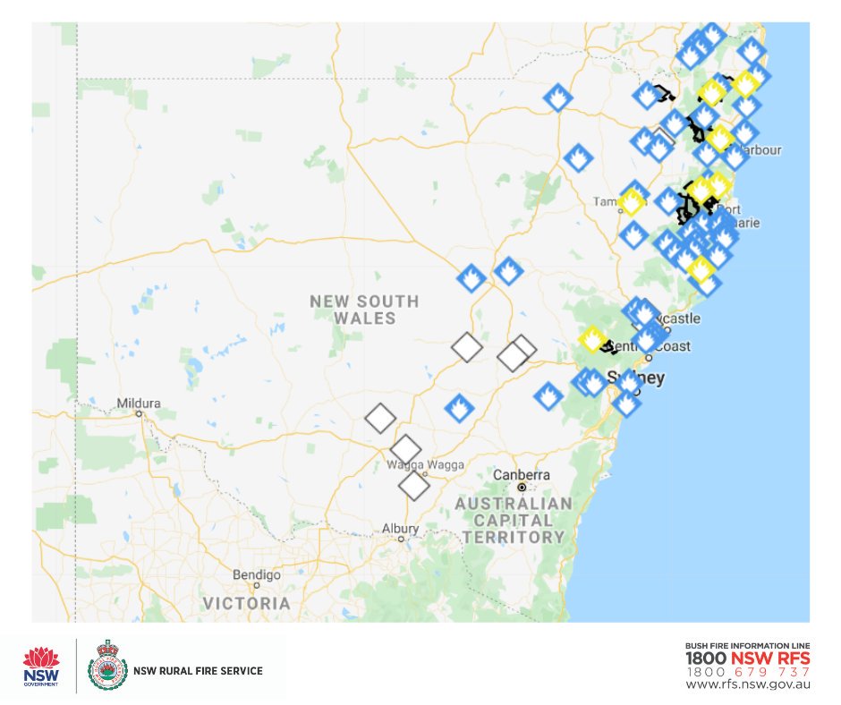 At 10am there are 56 bush and grass fires burning across the state, with 24 still to be contained. Eight fires remain at Watch and Act. After a challenging few days, there are still more than 800 firefighters in the field working on containing these fires. #nswrfs #nswfires