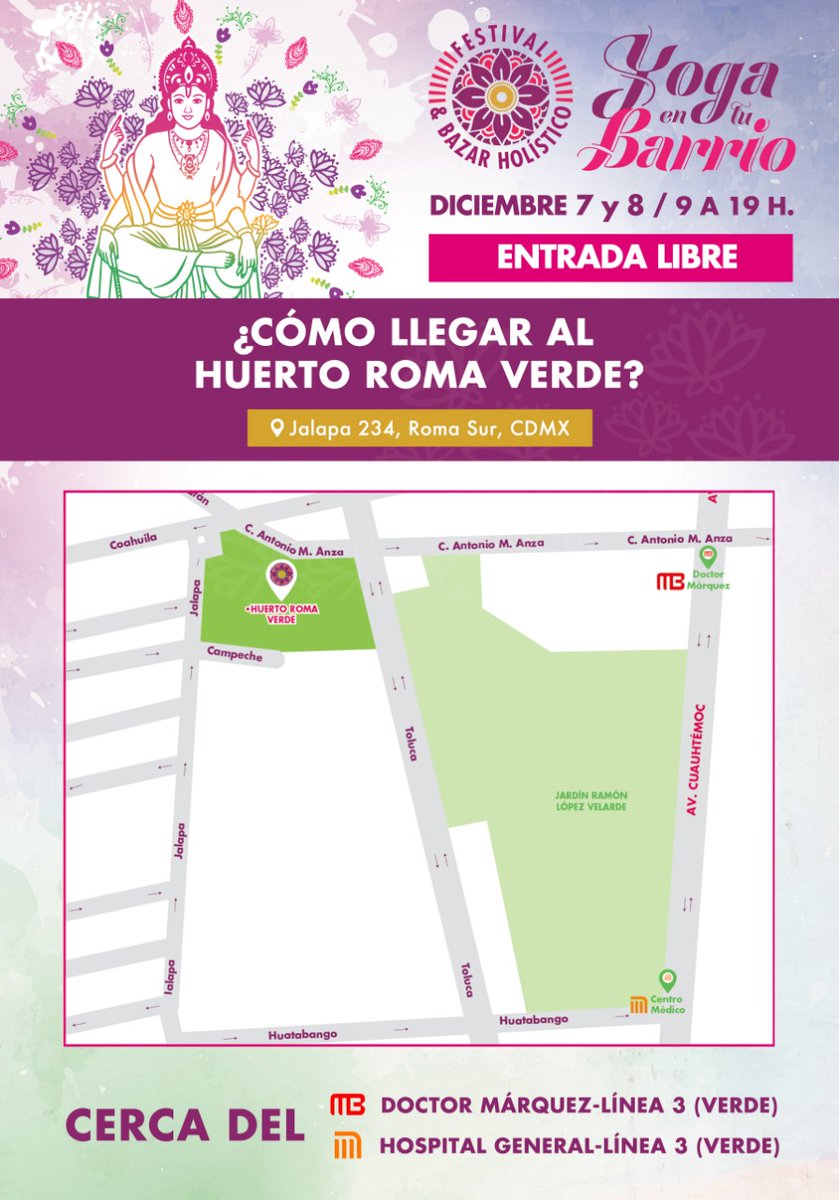 Tenemos una cita este 7 y 8 de Dic. en el Huerto Roma Verde ubicado en la calle de Jalapa #234, Col. Roma ⬇️ 

¡Te esperamos! ¡Evento gratuito!

#yogaentubarrio #hazyogafueradelmat #yogagratuito