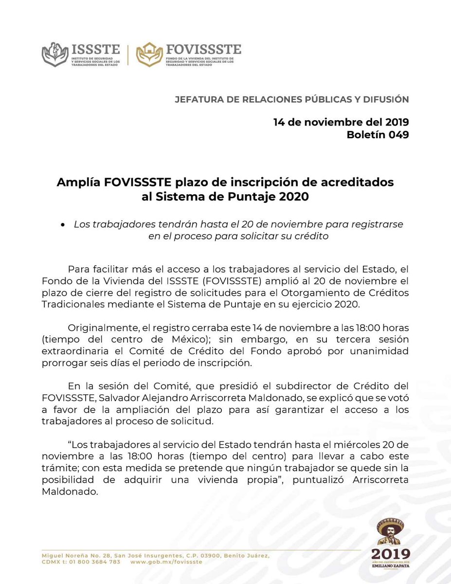 FOVISSSTEmx's tweet photo. #BoletínFOVISSSTE 📰

Amplía FOVISSSTE plazo de inscripción de acreditados
al Sistema de Puntaje 2020

•Los trabajadores tendrán hasta el 20 de noviembre para registrarse en el proceso para solicitar su crédito. https://t.co/FxYN6K7D6I