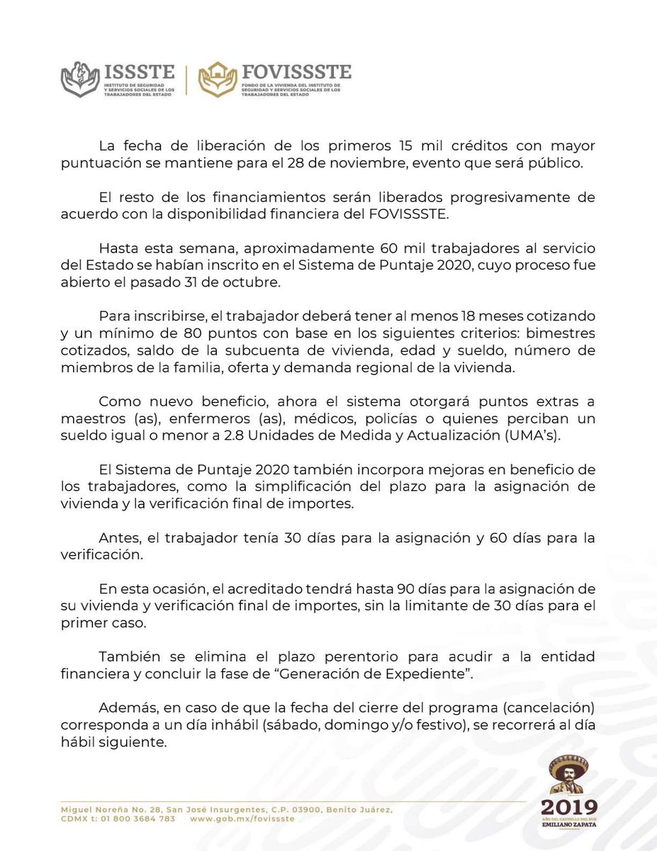 FOVISSSTEmx's tweet photo. #BoletínFOVISSSTE 📰

Amplía FOVISSSTE plazo de inscripción de acreditados
al Sistema de Puntaje 2020

•Los trabajadores tendrán hasta el 20 de noviembre para registrarse en el proceso para solicitar su crédito. https://t.co/FxYN6K7D6I