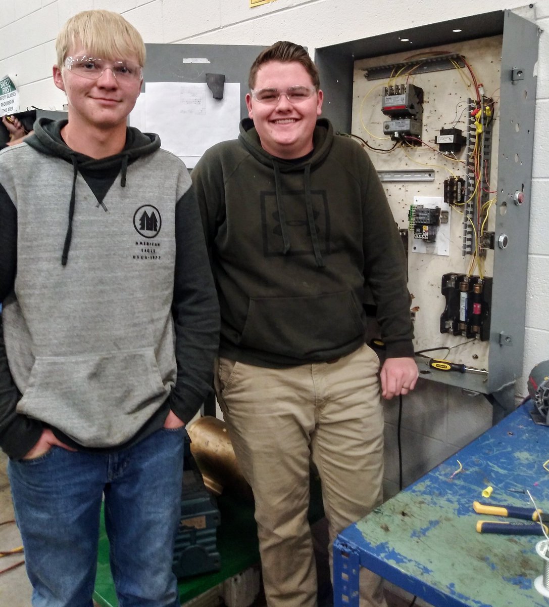 JB_electrician's tweet photo. In motor controls Blake &amp; Ethan completed wiring up one of the harder control circuits. When the stop button is pressed a DC current is sent into the motor windings to create a magnetic break to stop the motor shaft from coasting down. Good job! #SOKYECCA https://t.co/gDYl4a9NKR