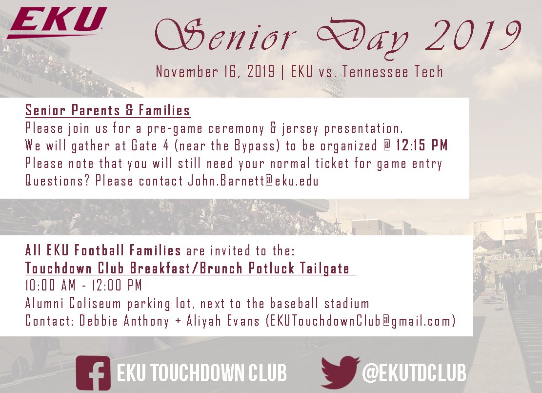 EKUTDClub's tweet photo. SENIOR GAME DAY INFORMATION ! GO COLONEL SENIORS!! GOBIGE🏈 https://t.co/G8bWNtvwbK