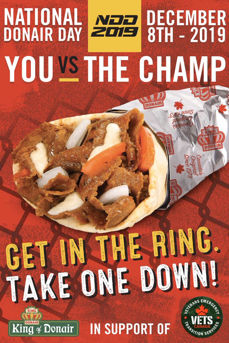 KingOfDonair's tweet photo. We are honoured to partner with @vetscanada when we celebrate National Donair Day on Dec 8
We will be selling Donairs by donation at KOD Quinpool from 4-7PM and will be holding our 3rd annual Donair Eating Contest!
All proceeds go to VETS Can
More details and surprises to come! https://t.co/moNvk9eM9n