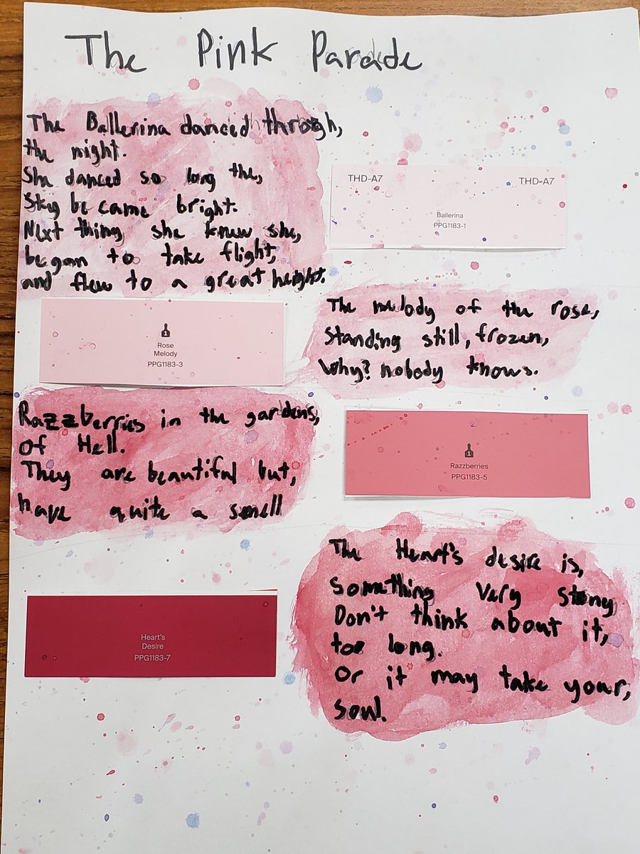 Mrs_Hoppel's tweet image. Ss in my Creative Writing Enrichment used paint chips to inspire poetry and artwork. The challenge was including the names of the paints in their poems! #creativewriting #middleschool #middleschoolwriting #CCW