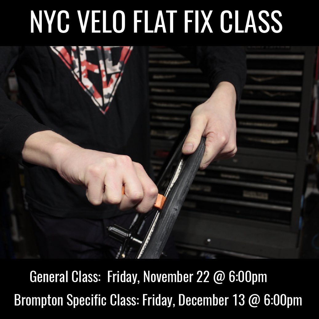 nycvelo's tweet image. Mark your calendars, our service course program is on the way! The first (FREE) flat fix class is next Friday, 6pm at our Hell’s Kitchen shop (45th St &amp;amp; 11th Ave).

Our Brompton-specific class is the following month, December 13, 6pm

@gwmarket #hellskitchen #flatfix #hotbrommies