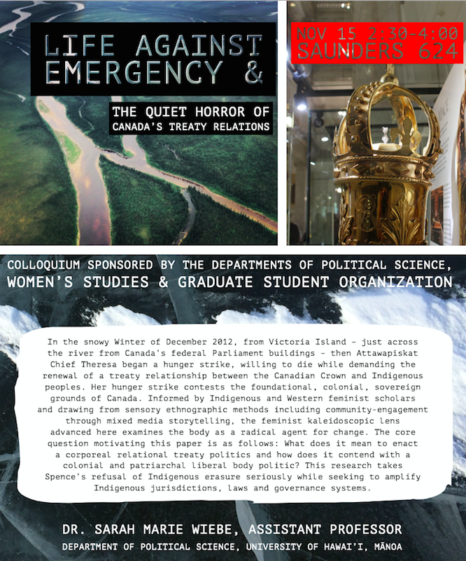 on_ws_studies's tweet photo. Join us this Friday (Nov.15) for Professor Sarah Wiebe's talk on "Life Against Emergency &amp; the Quiet Horror of Canada's Treaty Relations": https://t.co/mDcYhigPMt