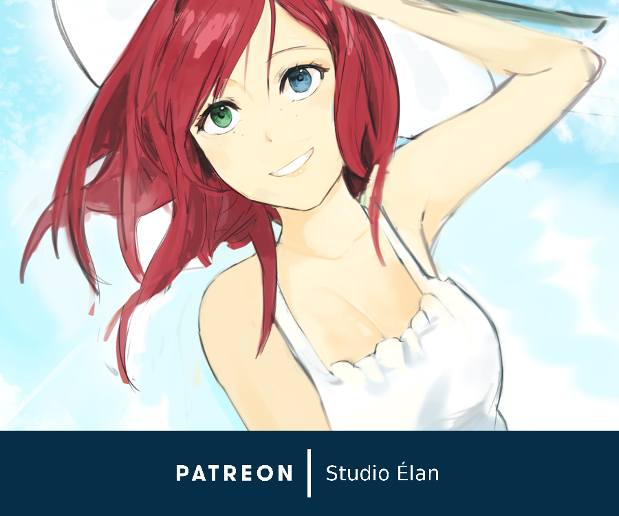 A girl with red hair and eyes of two different colors - one green, one blue - holds onto her hat as she smiles into the breeze. I think her heterochromia is the only thing hetero about her.