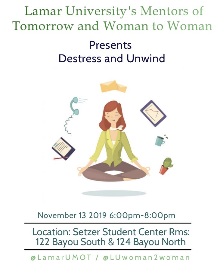 LamarUMOT's tweet photo. The event starts in 30 minutes! Finals are near and the semester is almost over come relax with MOT and W2W ‘ https://t.co/CCW0DiVzDm