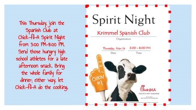 KrimmelBautista's tweet photo. Come out tomorrow to Spirit Night to support our Krimmel Spanish Club!! https://t.co/Cae7KpdzhV