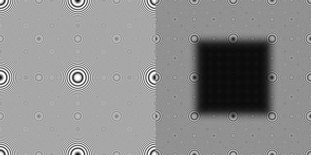 When we sample the zone plate at the pixel rate, moire patterns occur when the wave goes above the Nyquist frequency limit. We can subtract the zone plate from our sampled image (left) to see just the error (right) --the high frequencies appear as lower "alias" frequencies.