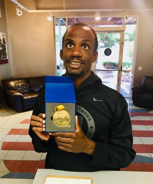 _MalcolmB's tweet photo. Our good friend @LexGillette, blind Paralympic athlete who trains here at #CVEATC, shows us his Gold Medal- winning his 4th-Straight Long Jump World Title recently in Dubai. (6.45 meters) Congrats to Lex and his Guide @wesley_boma_ye Next stop #Tokyo2020 https://t.co/rdUr9RWZEL https://t.co/u7lNphP2TH
