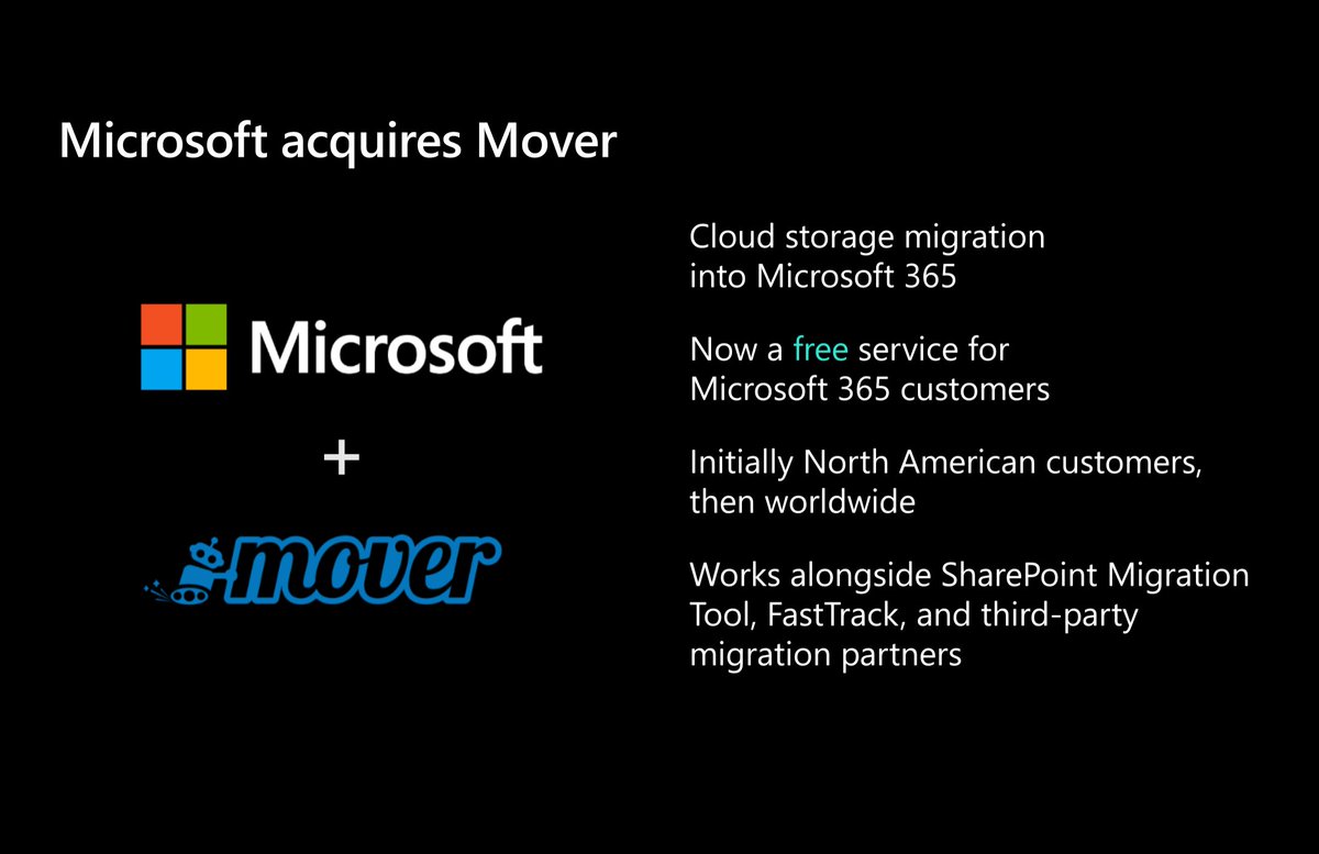 SharePoint's tweet photo. Microsoft acquires Mover, now a free service for #Microsoft365 customers. https://t.co/4vfQnn9Fp4 #MSIgnite https://t.co/lf0zzB5z4X