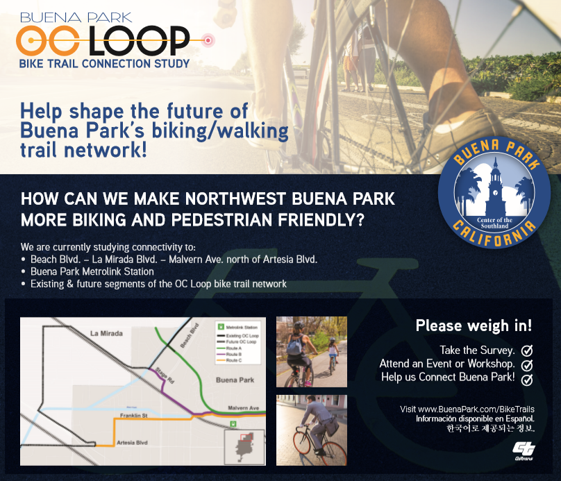 BuenaParkCA's tweet photo. We need YOUR ideas to help shape the future of Buena Park's bike trails!
The City is looking to improve bicycle & pedestrian connectivity from the BP Metrolink Station, Beach Blvd, & La Mirada.
Take a quick survey to share your ideas!
https://t.co/Nrqy41WC3p https://t.co/7yrgYeURSS