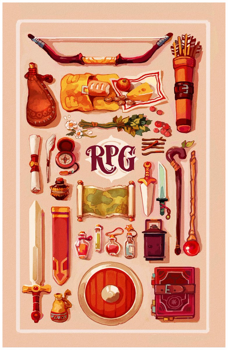 onemegawatt's tweet photo. Throwback to this piece which was the first of my 'inventory' series. I'm a messy person irl but I love drawing organized stuff like this haha

 Still fond of this idea, so might have to redo someday! https://t.co/NcXy6HyrCU
