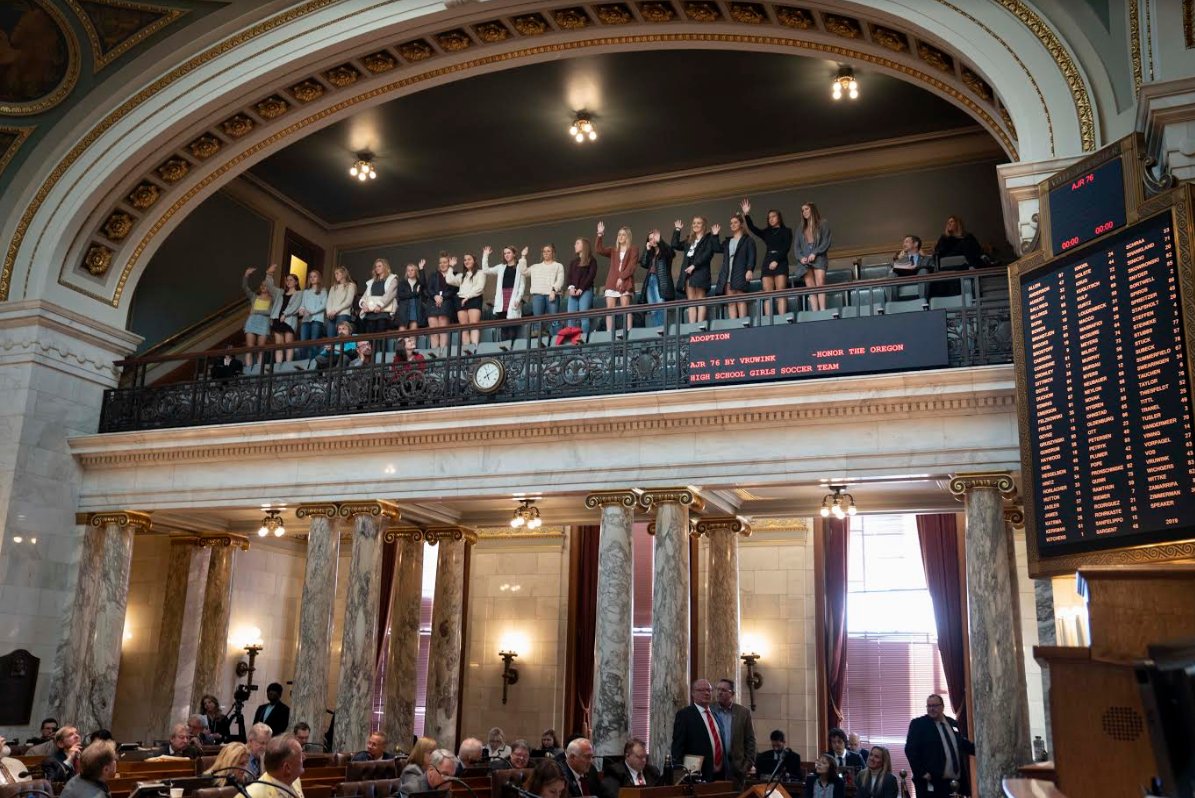 OregonPanthers's tweet photo. Yesterday at the Capitol, the OHS Girls Soccer program was honored by the WI State Assembly for their continued excellence. @RepDonVruwink authored Joint Resolution 76 to recognize the team for its 5 straight trips to state as well as winning the 2019 title, going undefeated. https://t.co/gmoXkOxXpN