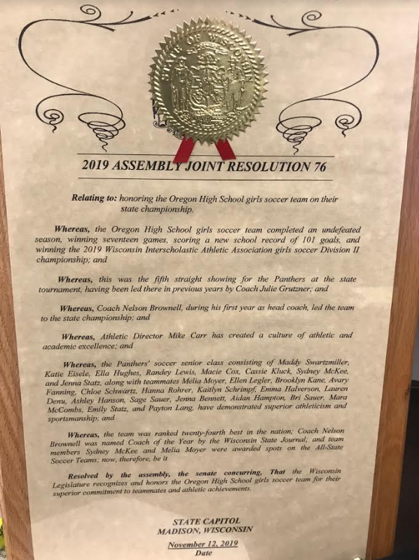 OregonPanthers's tweet photo. Yesterday at the Capitol, the OHS Girls Soccer program was honored by the WI State Assembly for their continued excellence. @RepDonVruwink authored Joint Resolution 76 to recognize the team for its 5 straight trips to state as well as winning the 2019 title, going undefeated. https://t.co/gmoXkOxXpN